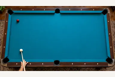 Conceptual overhead pool practice table with one white cue ball and one red object ball; measured draw positions are given in the text