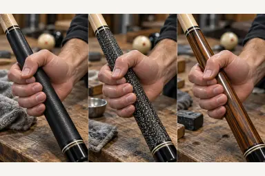 Unbranded leather, woven and smooth cue handles held in a natural grip