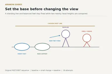 A FEET-FIRST stance sequence showing shot line, front and rear foot, balanced descent and two nearby head heights