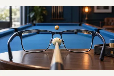 Illustration of unbranded eyeglasses framing a clear view along a pool cue toward two balls