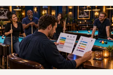 Editorial illustration of a pool player comparing two league score sheets beside teammates in a welcoming billiard room