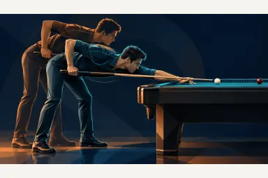 Side-view illustration comparing two balanced pool stances with clear head, cue and elbow alignment