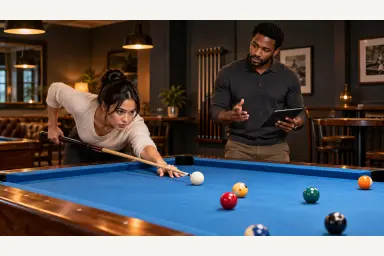 Illustration of a pool instructor observing a player and offering feedback beside a blue table