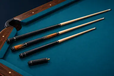 Three generic assembled cues of different visible lengths and a loose extension in an equipment still-life