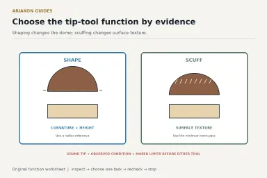 Side-by-side cue tip diagrams showing a shaper changing dome radius and a scuffer refreshing surface texture