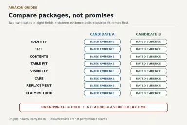 Two neutral pool-ball candidates compared across eight dated evidence fields, with compatibility required before feature preference