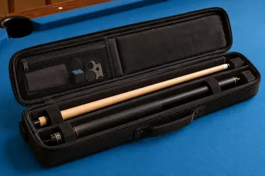 Generic open black cue case with separated cue sections and accessory pockets on blue cloth