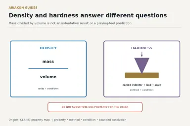 A split cue-tip diagram comparing density as mass over volume with hardness as resistance measured by a named indentation method
