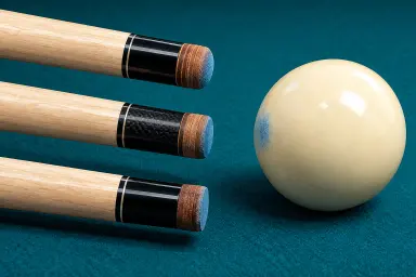 Generic illustration of three installed cue tips and one white cue ball with a chalk mark