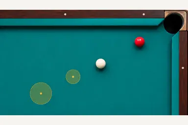 Editorial view of two gold finish-area goals on clear cloth beside a cue ball and red object ball; no registered shot geometry or route is asserted