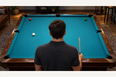 Single anonymous player standing with one cue while reviewing a clear table, without ghost bodies or unverified mirrored-shot lines