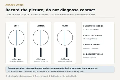 Three separate schematic address pictures with left, centered and right projected references, visible gaps before the ball and an independent observation-count card