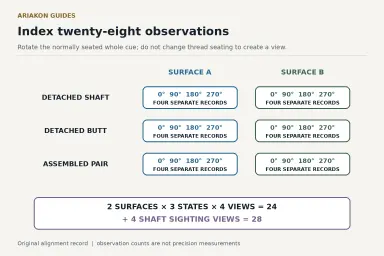 Two surfaces by three cue states produce twenty-four records, followed by four shaft sighting views for twenty-eight observations