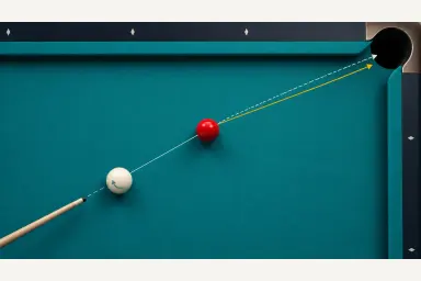 Top-down editorial diagram of a draw cut shot with a geometric aim line and a slightly shifted object-ball path