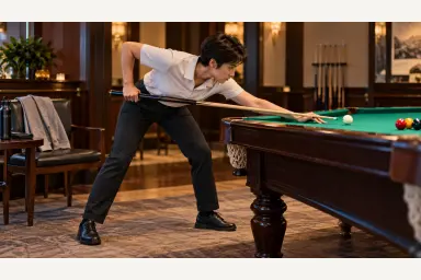 Pool player testing a stable stance in clean flexible clothing and closed-toe shoes beside a light layer