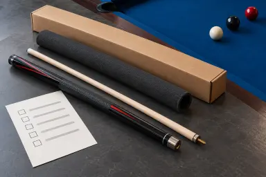 Illustration of a pool cue, protective packaging and a checklist document beside blue billiard cloth