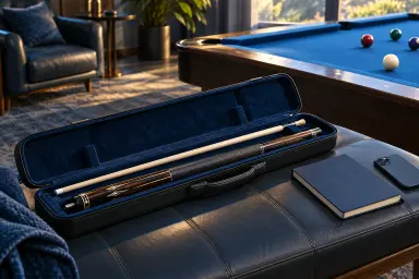 Illustration of a cue case, separated cue, blank notebook and phone beside a pool table