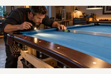 Illustration of a careful pool-table inspection using a flashlight, straightedge and level around rails, pockets and frame