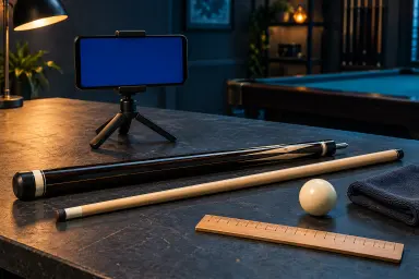 Illustration of a pool cue, cue ball, ruler and phone prepared for a product demonstration