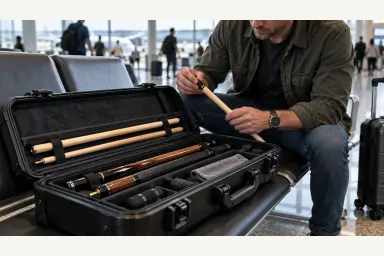 Open hard pool-cue case beside airport luggage with disassembled cues, joint protectors and padding