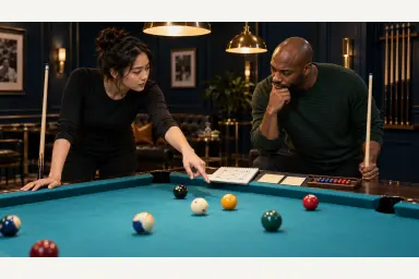 Editorial image of two amateur pool players respectfully planning a handicapped match beside a table