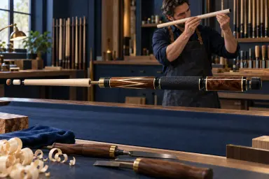 Unbranded pool cue shown as separated tip, ferrule, shaft, joint, forearm, handle, sleeve and bumper components in a workshop