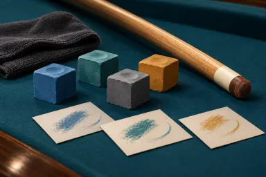 Illustration of four unbranded cue chalk cubes beside a pool cue tip and sample cards