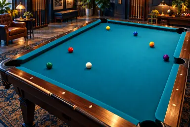 Ordinary pool table with one white cue ball and colored object balls, without training apparatus