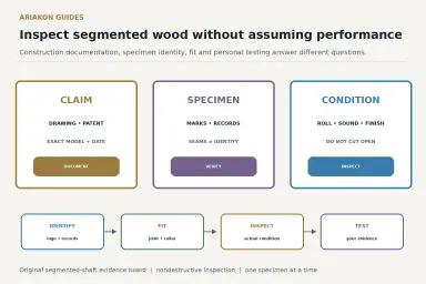 Cue-shaft evidence board separating a segmented-wood claim, identity record, fit inspection and personal test