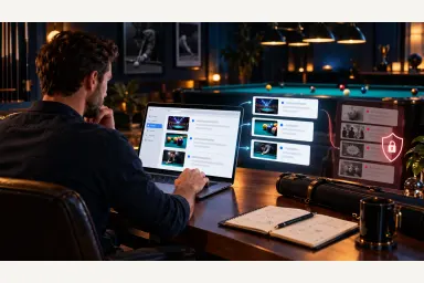 Editorial illustration of a player sorting verified pool event and lesson emails into a clean inbox while suspicious messages remain isolated