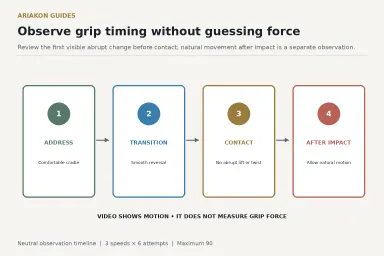 Neutral grip-observation timeline for address, transition, contact and after impact, with no hand icon or inferred force measurement