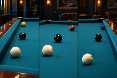 Three clearly divided generic blocked-ball scenes, each with one white cue ball, one dark blocker and a colored target