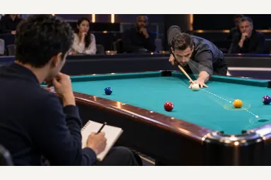 Pool player taking notes while observing an expert's routine and cue-ball position route