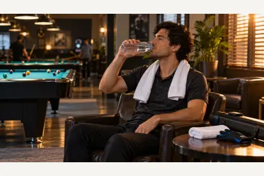 Pool player cooling down with water beside a towel and glove in a warm billiards room