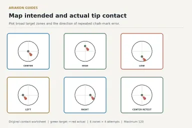 Cue-ball contact map comparing intended dots with actual chalk marks in six target zones