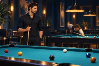 Anonymous adult standing quietly beside a pool table while another player practices at a separate table