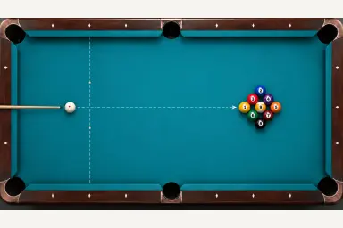 Nine-ball diamond with each numbered ball appearing once and the cue ball visibly behind the dashed head string