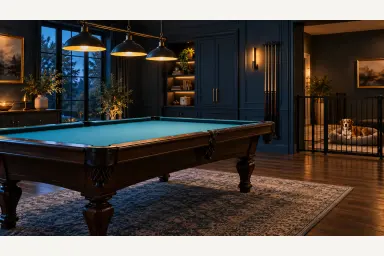 Editorial illustration of a dog resting behind a safety gate while an organized pool room remains ready for play