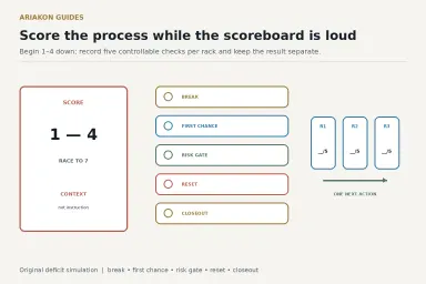 Pool comeback ledger with a score deficit, three rack checkpoints and process points