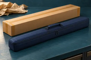 Illustration of a protected cue case and shipping carton