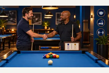Illustration of two pool players calmly agreeing a race format beside score beads and a racked set of balls