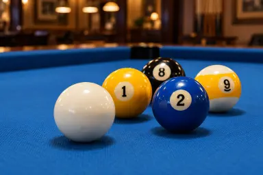 Generic numbered pool balls and a cue ball on blue cloth with no visible brand marks