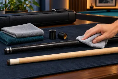 Unbranded dark composite and light wood cue shafts with soft cloths and joint protectors on a blue care mat