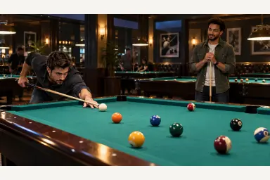 AI illustration of two pool players respectfully giving each other space at a shared table