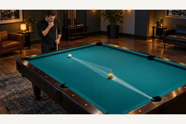 Pool player standing behind a teal table and visualizing one clear shot route before entering the stance