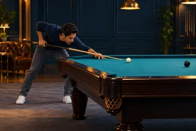One generic pool player addressing one cue ball with one cue, a planted bridge and no ghost people or superimposed follow-through cues