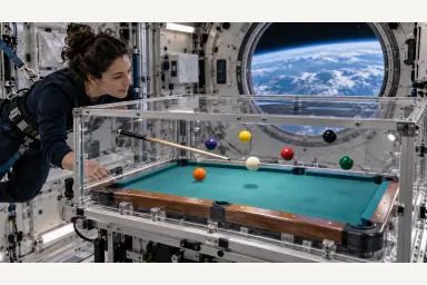 Conceptual enclosed billiards experiment with floating balls and an anchored astronaut inside a generic orbital laboratory