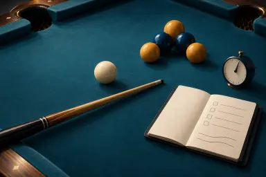 Illustration of a pool practice setup with a cue, balls, notebook and timer
