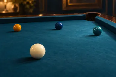 Illustration of separated cue and object balls on blue pool cloth