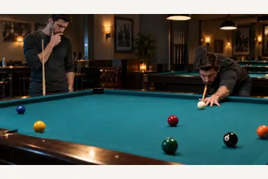 Two views of planning and preparing a pool shot on a table with stationary balls and no drawn ball paths